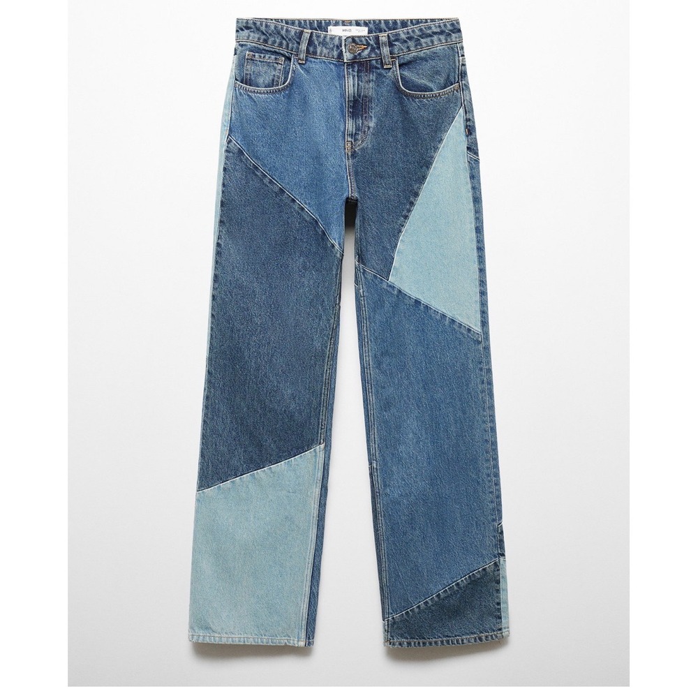 Mango MNG Patchwork Mid-Rise Waisted Straight Leg Blue Denim Jeans Womens Size 2